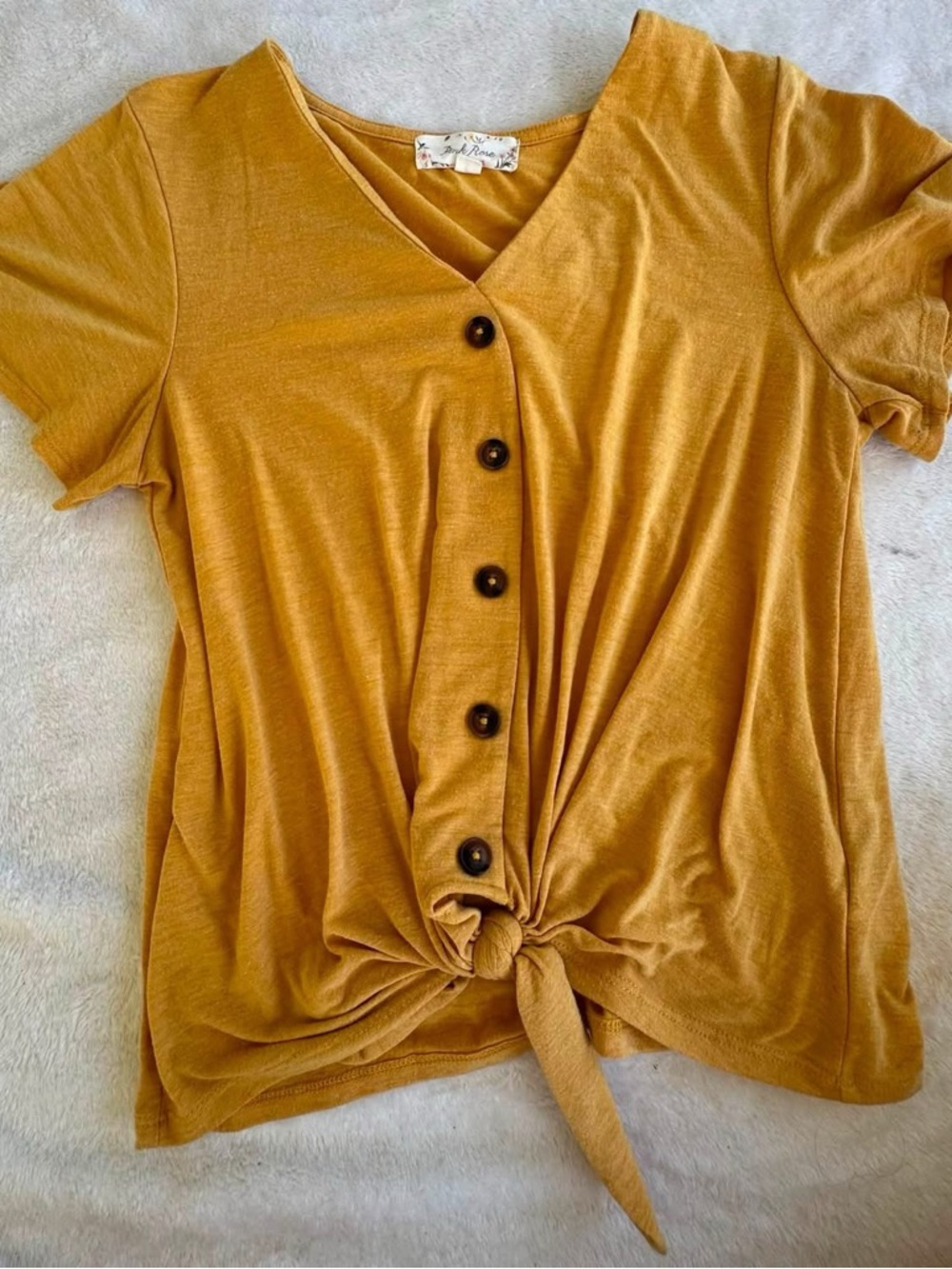 Pink Rose Mustard Button-Front Tie Hem Short Sleeve Top